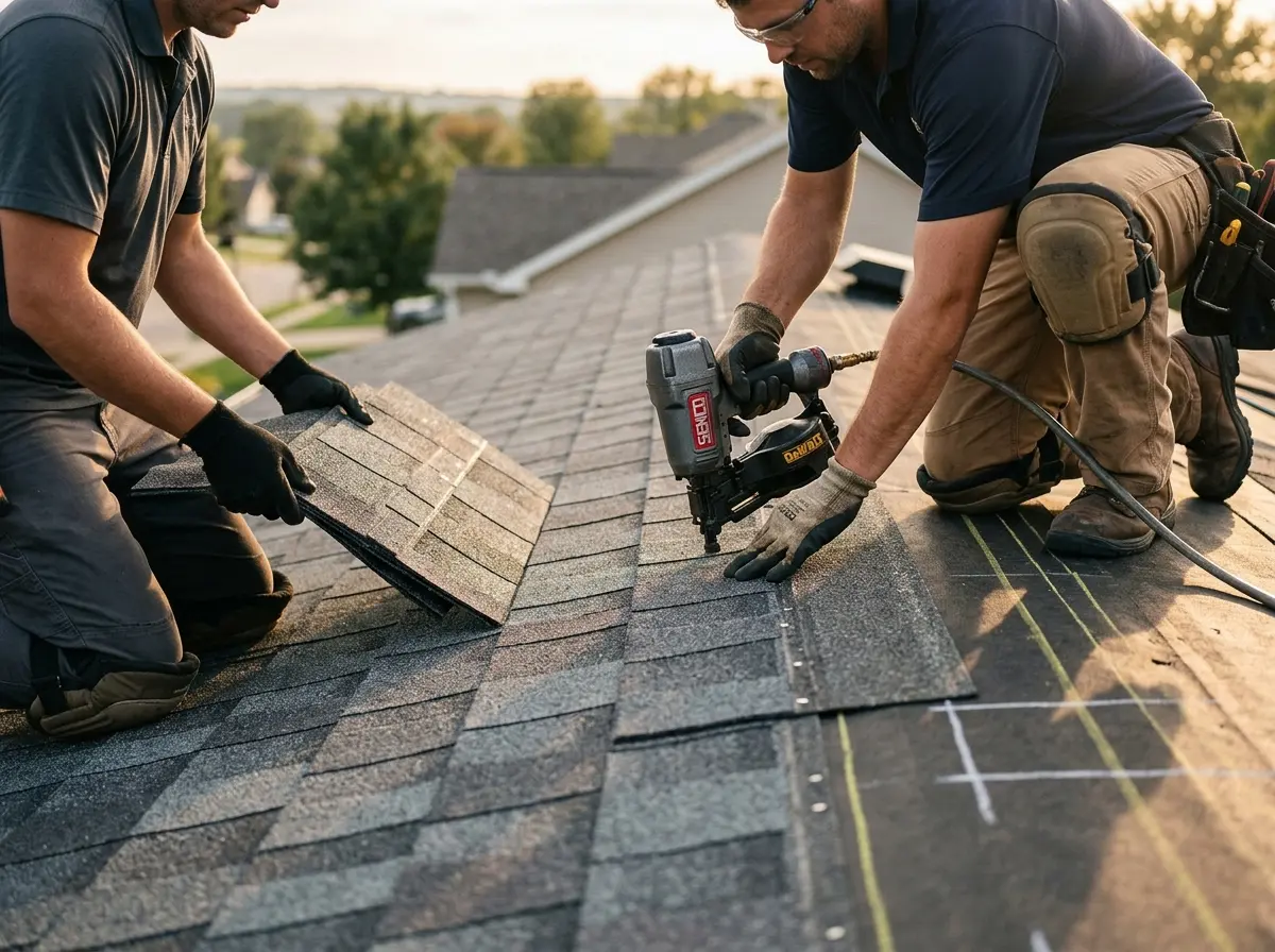 Professional roofer working on a residential roof in South Boston